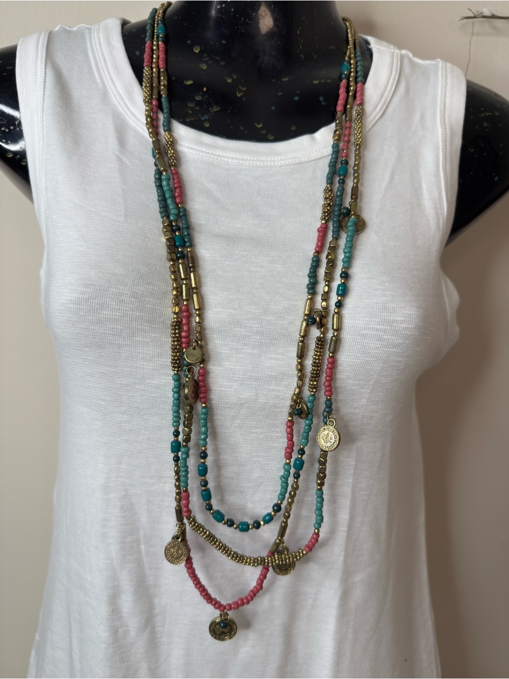 Handcrafted Layered Pink & Teal Beaded Necklace with Antique Gold Accents